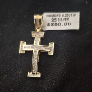 925 Silver Gold Vermeil Diamond Cross Pendant 0.25 CTW